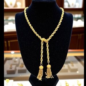 Vintage 1960's Gold Tone Rope Chain Tassel Lariat Necklace Open Ended